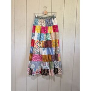 Henna Patchwork Cotton Maxi Skirt Boho Tiered Floral Mixed Print One Size